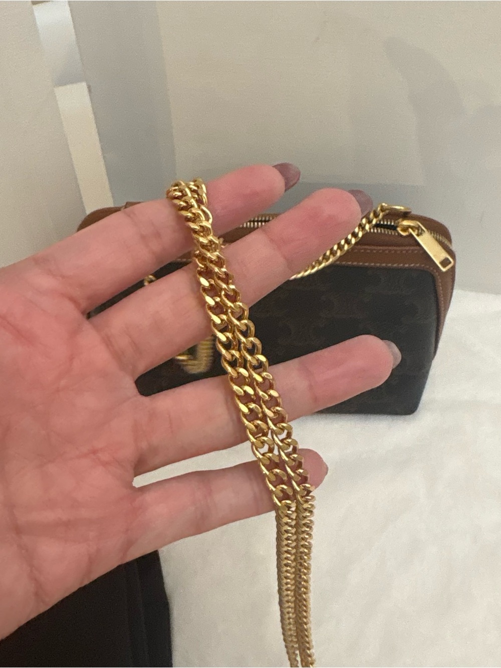Celine Brown and Tan Triomphe Canvas Crossbody with Gold Chain - Picture 4 of 8